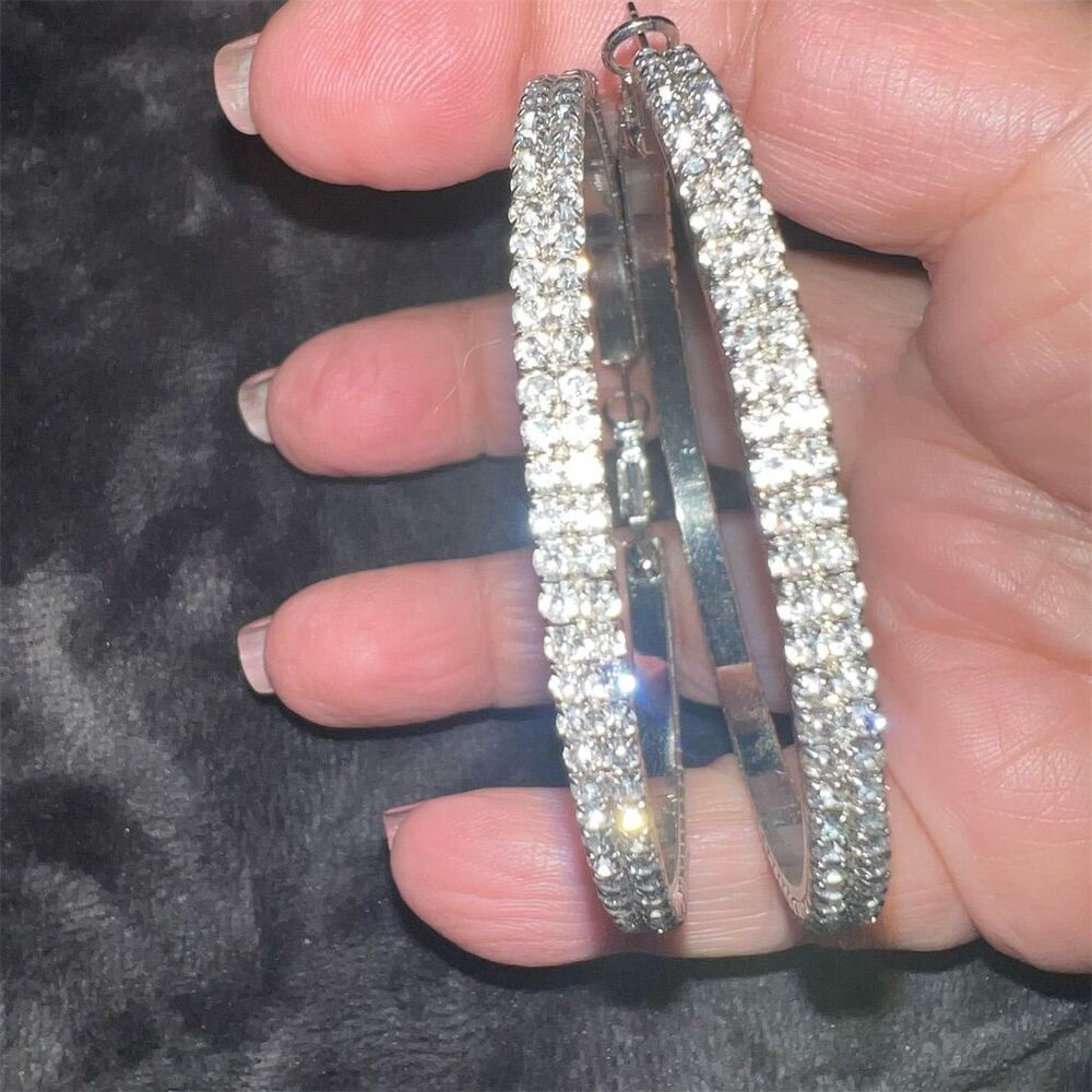 Round Cut Crystal Hoop Earrings Secure Clasp - Picture 6 of 6